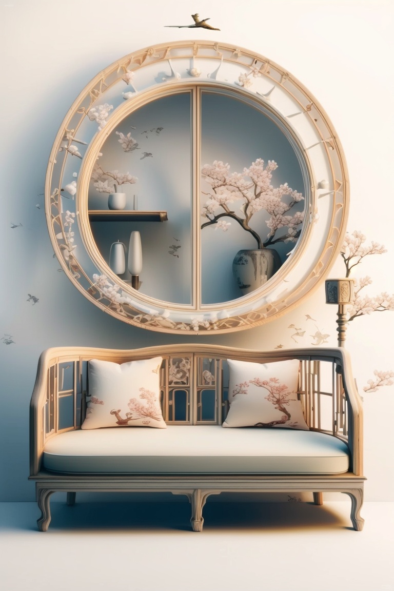 ((HRD, HUD, 8K)),((masterpiece, best quality)), highly detailed, soft light,CreativeFurniture, vase, no humans, flower, branch, table, cherry blossoms, couch, scenery, plant, shadow, lattice, bird, round window, reflection, chair, lamp, white background,  <lora:20240406-1712391677858:1>