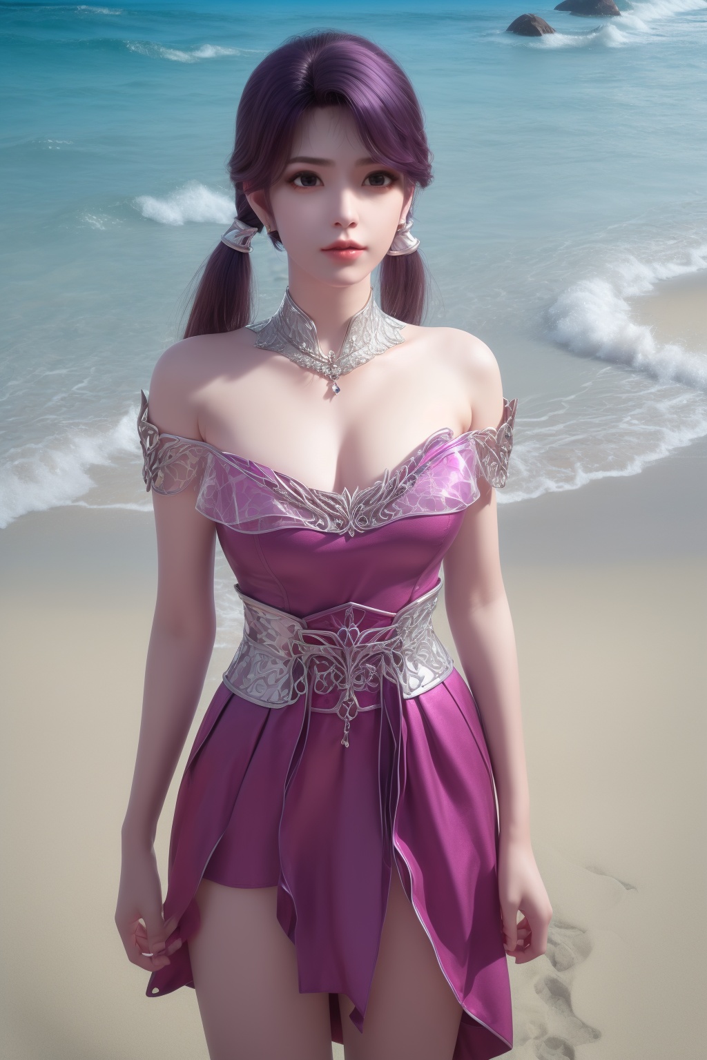 photo_\(medium\),(8k, RAW photo, best_quality),(masterpiece:1.2),(realistic:1.2),(photorealistic:1.3),(ultra-detailed),(extremely_detailed_cg_8k_wallpaper),(crystal_texture_skin:1.3),(shiny:1.2),(shiny_skin:1.4),(extremely_delicate_and_beautiful),shenfengLingLuoChen,1girl,solo,armor,purple dress,detached collar,skirt,torogao,bare shoulders,twintails,standing,jewelry,hair ornament,lips,earrings,necklace,realistic,looking at viewer,Summer,Beach,Sea,sunshine,<lora:shenfengLuoYan_20240514203344-000005:0.7>,
