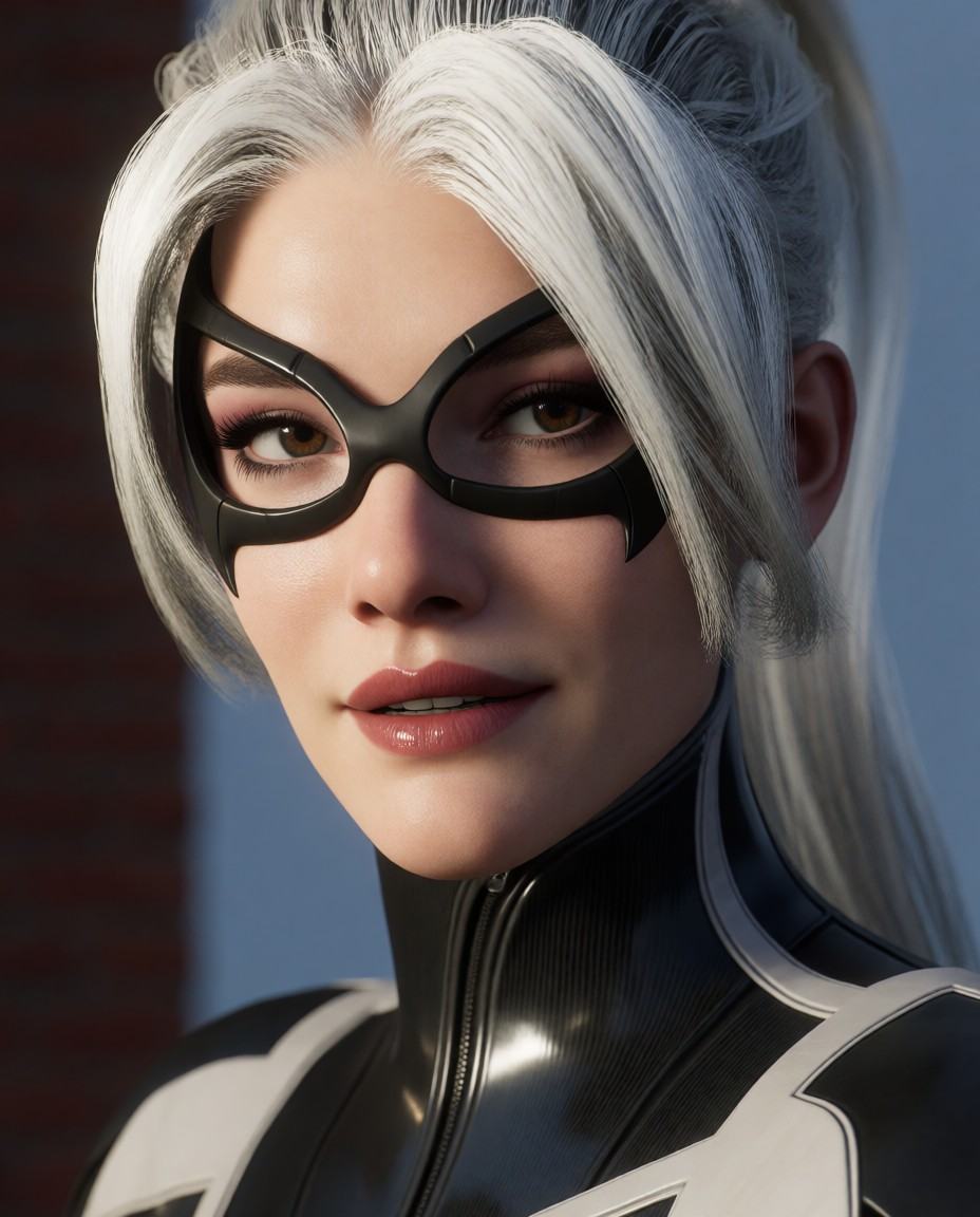 black_cat_(marvel),  Photograph of a fair-skinned woman with silver-white hair in a high ponytail,  wearing a black latex...