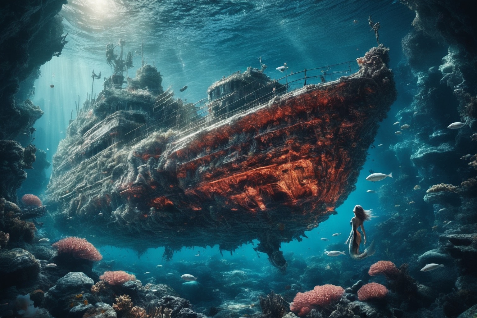Double Exposure: Deep beneath the ocean waves,  a cinematic story takes shape. A mermaid,  the epitome of aquatic elegance...