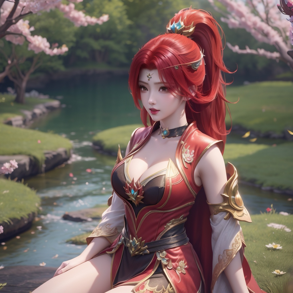 <lora:斗破苍穹-唐火儿:0.8>,red hair,   (,1girl, ,best quality, ),looking at viewer,  ,ultra detailed background,ultra detailed background,ultra realistic 8k cg,, ,masterpiece, (( , )),, , , spirit blossom \(league of legends\),   ,   (cleavage), (), ,,