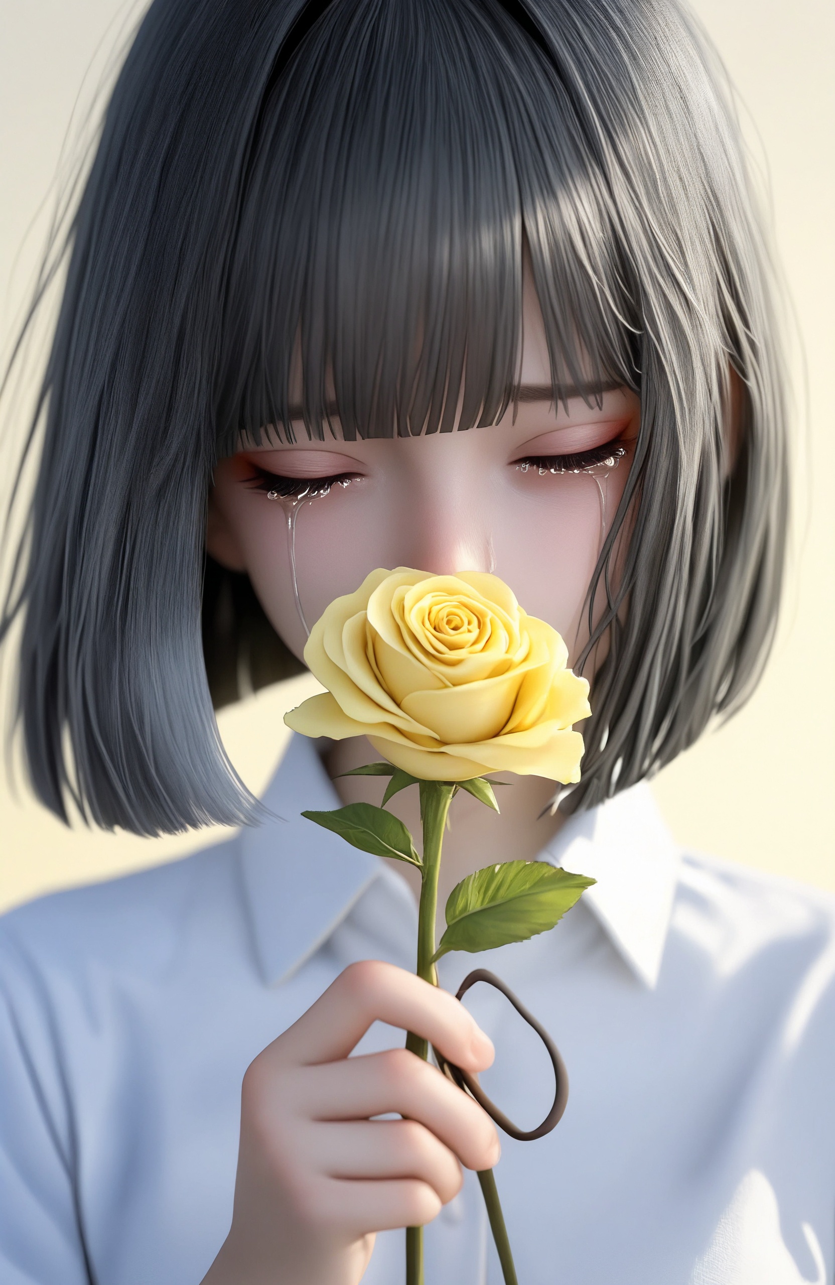 (1girl, solo, masterpiece, best quality, very aesthetic, amazing quality, absurdres, newest, simple background), BREAK, depth of field, simple background, gradient background, yellow background, flower, yellow flower, closed eyes, holding flower, holding, bob cut, white shirt, shirt, blunt bangs, tears, grey hair, short hair, painting \(medium\), facing viewer, crying, watercolor \(medium\), traditional media, upper body, collared shirt, portrait, black hair, eyelashes, blunt ends, yellow rose