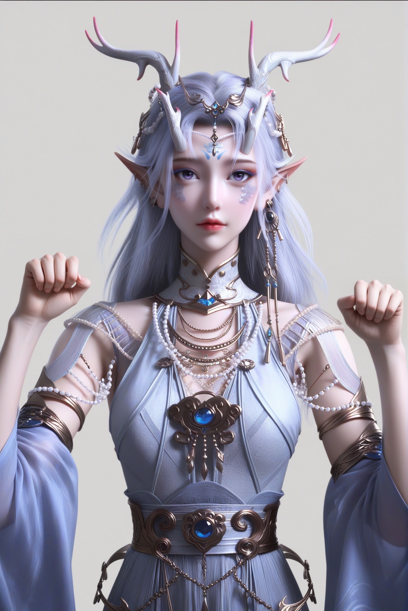 masterpiece,best quality,absurdres,highres,mature female,glamor,(slender:1.1),solo,<lora:念云-ill:0.85>,nianyun,long hair,silver hair,dragon horns,hair ornament,elf ears,dangling earrings,facial mark,forehead mark,ear piercing,eyeshadow,(blue yes),(purple_pupils),light blush,BREAKcollarbone,(narrow waist),blue gemstone,white pearls,high collar,layered necklace,fantasy dress,pearl necklace,collar gem,chest jewel,waist gem,waist belt,detached sleeves,light blue dress,looking at viewer,(front view),standing,(paw_pose:1.1),cowboy shot,BREAK (white_skin:1.1),(fair_skin:1.1),realistic,simple background,white background,
