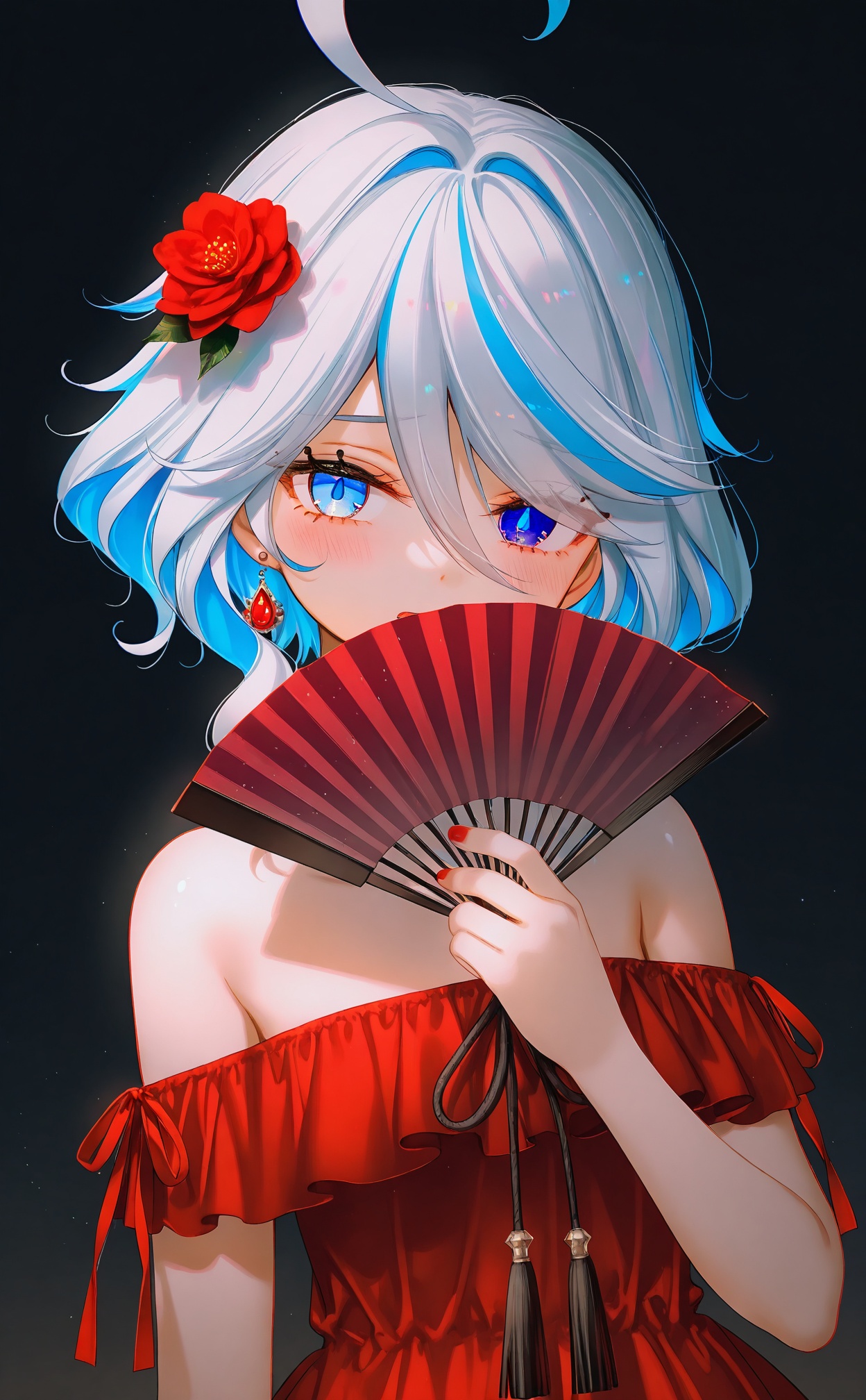 masterpiece,absurdres,best quality,loli,petite,high quality,chromatic_aberration,shiny_skin,//,1girl,furina_(genshin_impact),solo,blue_hair,light_blue_hair,two-tone_hair,streaked_hair,blue_eyes,heterochromia,drop-shaped_pupils,mismatched_pupils,short_hair,wavy_hair,ahoge,sidelocks,hair_between_eyes,hair_ornament,hair_flower,flower,looking_at_viewer,blush,makeup,parted_lips,open_mouth,red_dress,strapless_dress,strapless,off_shoulder,bare_shoulders,alternate_costume,upper_body,collarbone,breasts,hand_fan,folding_fan,folded_fan,holding,holding_fan,covering_own_mouth,hand_up,jewelry,earrings,red_nails,nail_polish,tassel,night,night_sky,dark_background,black_background,//,photorealistic,Artist:na-ga,(quasarcake:0.2),(wanke:0.9),[Artist:chen bin],Artist:tidsean,[Artist:sk (askzy)],(artist:tokkyu:0.5),(artist:momoko \(momopoco\):0.5),himitsu_(hi_mi_tsu_2),