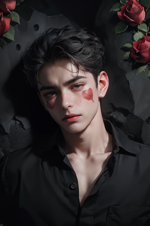 (1 boy:1.8),flower, (photography: 1.6), (masterpiece 1.2), (32k: 1.8), (many roses:1.8), looking at viewer, makeup, red lips, long hair, red flower, petals, (red rose: 1.0), brown Eyes, lips, collarbone, lipstick, there is a red spot on the face, (covered by roses: 1.2), lying on the ground, upper body,(wear black shirt:1.2),Cinematic quality,(There are red spots on the face, covered by roses:1.8),dim light,(melancholy style:1.8),(deep and dark environment:2) <lora:玫瑰少年_1.0:0.7>