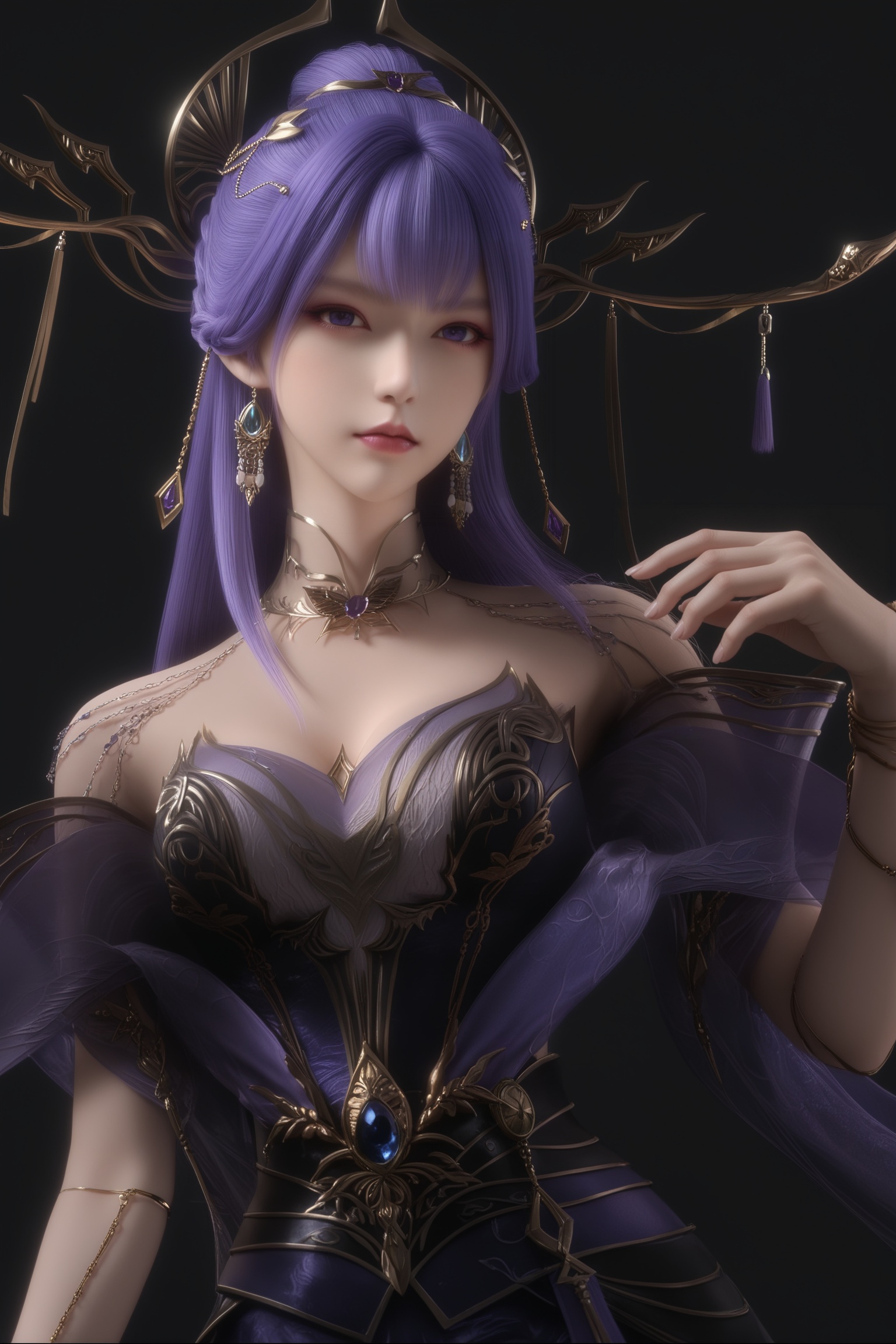 masterpiece,best quality,absurdres,highres,1girl,solo,<lora:新-天穹-ill-000008:0.85>,looking at viewer,front view,upper body,BREAKtianqiong,purple and black,long hair,purple hair,jewelry,ornate hair ornament,golden headpiece,long dangling earrings,antler-like crown,tassel headdress,collarbone,choker,shoulder chains,sheer overlay,corset top,high-waisted skirt,arm chain,cleavage,arms behind back,BREAK(white_skin:1.1),(fair_skin:1.1),realistic,simple background,black background,