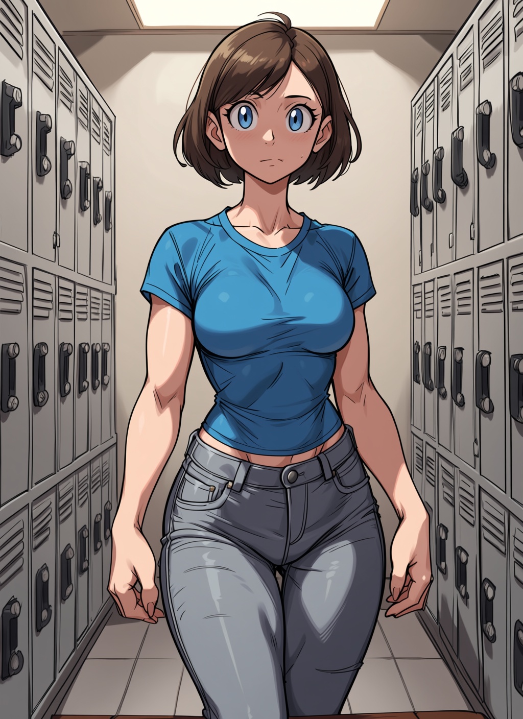 BlackRat_Style,  a drawing of an athletic girl that is in a pokemon gym's changing room with rows of lockers . she is wear...