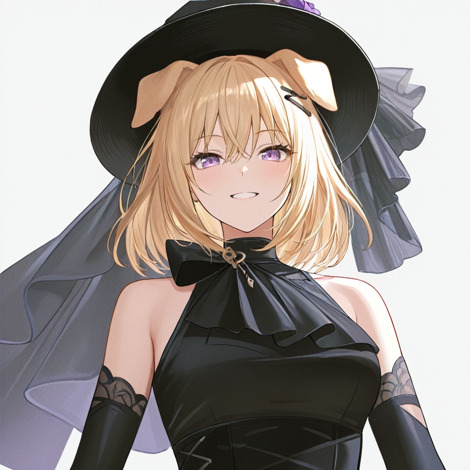 masterpiece, best quality,solo,(white background:1.2),simple background,1girl,looking at viewer,        Misumi Uika,blonde hair bangs,purple eyes,smile,medium hair,hair between eyes,gloves,hat,dress, animal ears, bare shoulders, flower, boots, black gloves,black footwear, black dress, high heels, black headwear,hair ornament,sleeveless,elbow gloves,dog ears,sleeveless dress<lora:舟uika-ill2pro:0.8>