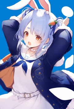 masterpiece, best quality<lora:sd_xl_dpo_lora_v1-128dim:1>,1girl, usada pekora, solo, virtual youtuber, food-themed hair ornament, jacket, carrot hair ornament, arms up, hair ornament, ribbon, blue background, blue hair, hair ribbon, fur trim, thick eyebrows, blue jacket, neckerchief, long sleeves, rabbit ears, open mouth, short hair, dress, white dress, bangs, belt, open jacket, open clothes, blue ribbon, official alternate hairstyle, blue neckerchief, choker, fur-trimmed jacket, simple background, sailor collar, official alternate hair length, animal ears, orange eyes, official alternate costume, white choker, white hair, two side up, multicolored hair, white belt, short eyebrows, denim jacket, cowboy shot, white sailor collar, :o  , <lora:hitoimimXLlokr4f-000053:1>