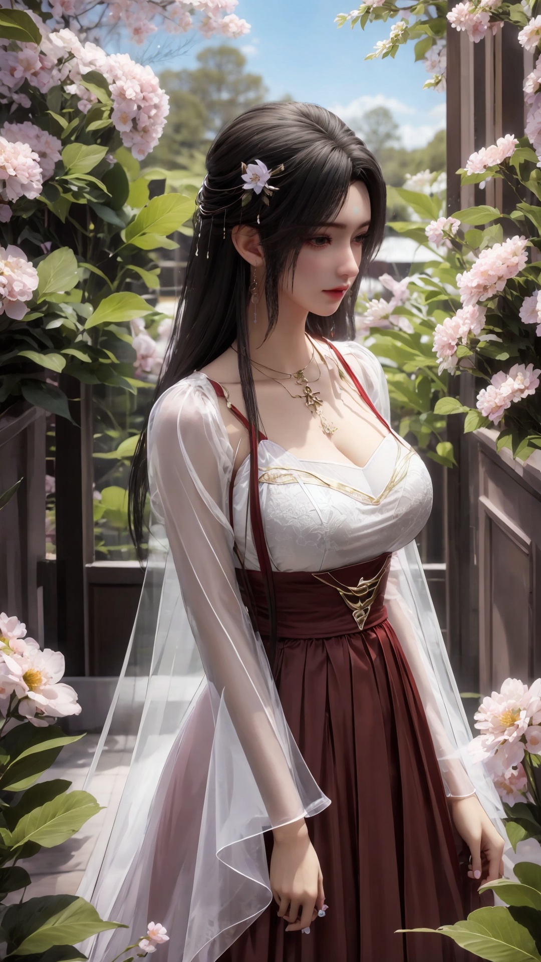 a girl,<lora:hmai_20240410212515:0.8>,dream garden,maxi dress,upper_body,macro range,red skirt,period dress,