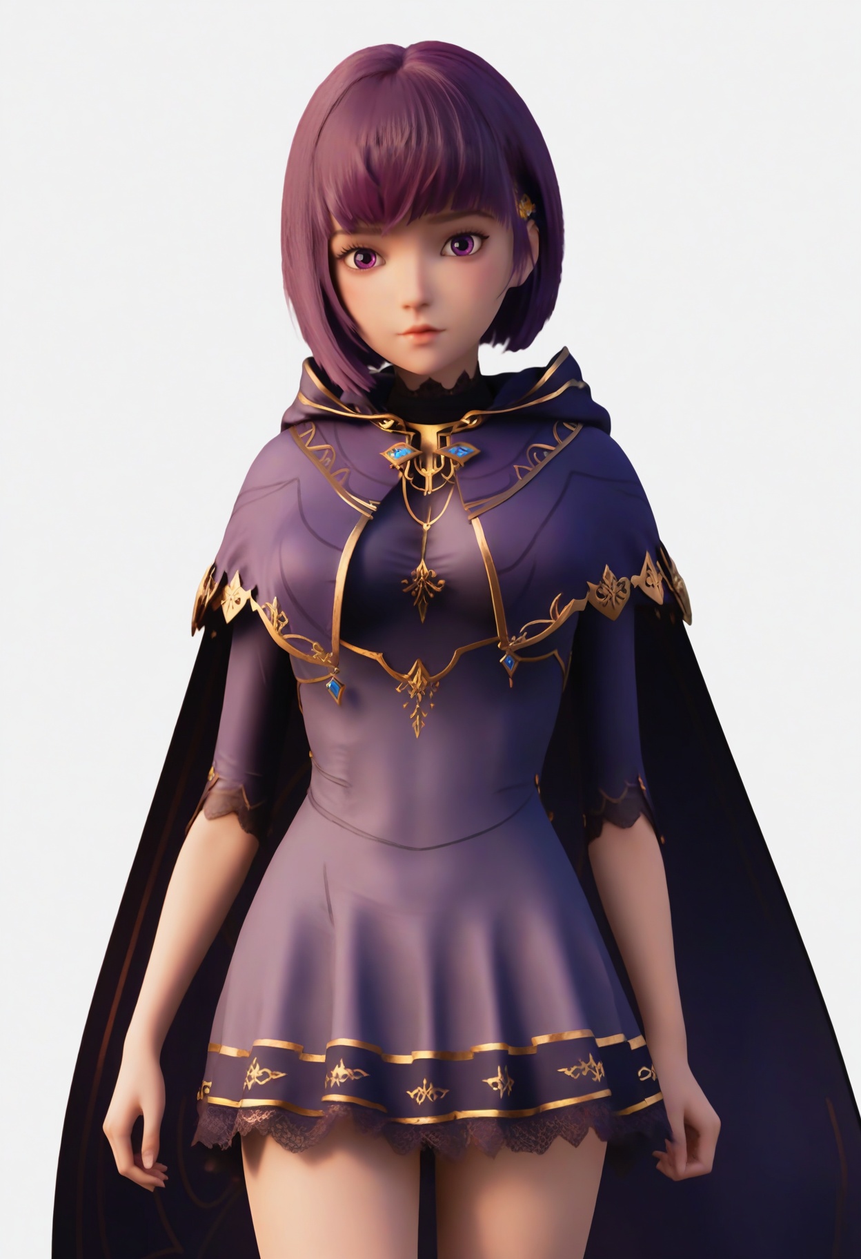 score_9,<lora:SF_ShengCaiErYouNian_Pony_Realism2.3-000003:0.7>,1girl,solo,hair ornament,short hair,medium breasts, bangs,dress,cape,standing,looking at viewer,white background,simple background,