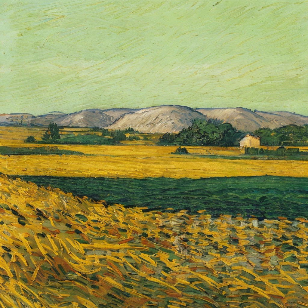 van gogh,impressionism,painting,oil_painting,scenery,mountain,blue sky,white cloud,trees,plant,wheat field,crow,bird,masterpiece,the ultimate detail,high definition,medium shot,((sunflower)),   <lora:印象派梵高1.0:0.9>