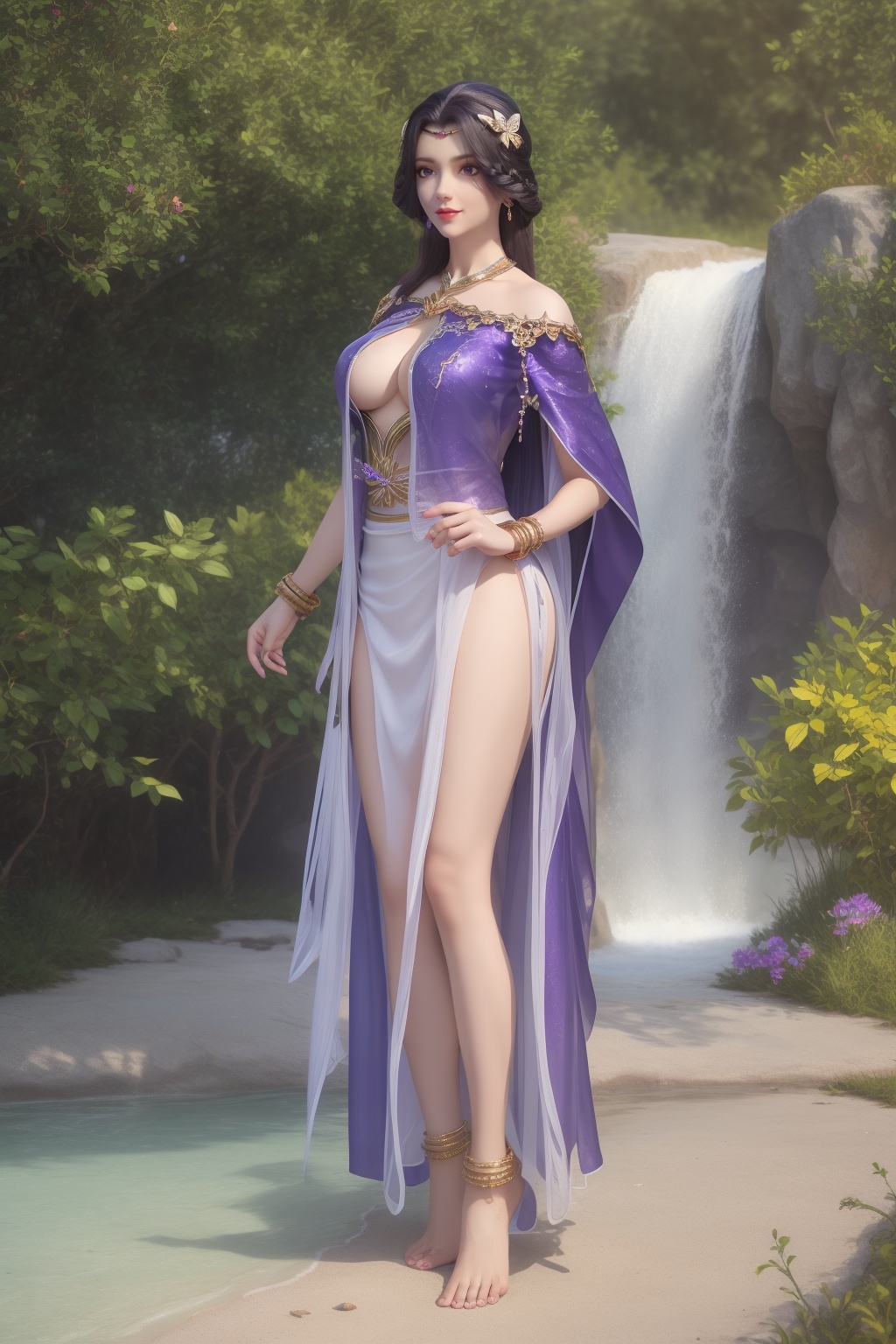 ultra realistic 8k cg,flawless,clean,masterpiece,professional artwork,famous artwork,perfect face,beautiful face,best quality,full_shot,absurdres,shenfengXiaoYunXi,1girl,solo,dress,cape,circlet,halterneck,standing,purple eyes,purple hair,shiny,torogao,smile,makeup,red lips,breasts,large breasts,jewelry,earrings,hair ornament,(outdoors:1.4),water,waterfall,butterfly,flower,braid,long hair,realistic,looking at viewer,barefoot,anklet,barefoot sandals,<lora:shenfengXiaoYunXi_20240106234614-000004:0.7>,