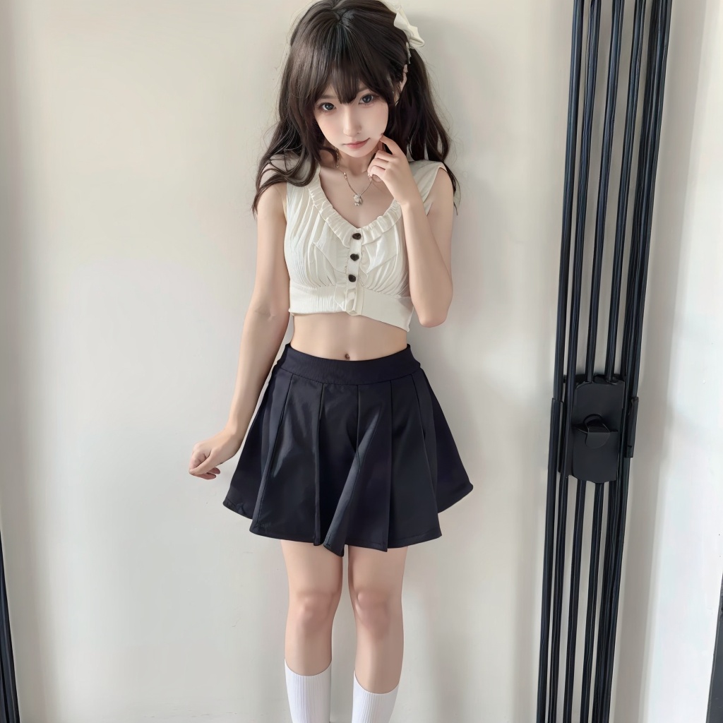 1girl,solo,collarbone,navel,long legs,skirt,socks,<lora:luoli:0.8>,