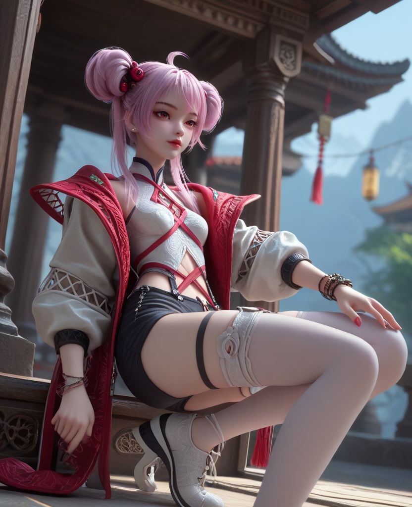 (oriental architecture, elegant decor, sophisticated style:1.1),(playing on the slide:1.1),(breasts:1.2),<lora:XL16克金玩家炙珠:0.95>,teenage girl,open red jacket,white corset,red eyes,red lips,pink hair,ahoge,double bun with front strands,hair ornament,black short shorts,mismatched thighhighs,bracelet,sneakers,, score_9,score_8_up,score_7_up,score_6_up,score_5_up,score_4_up,3d rendering,tag1,tag2, Cinematic Lighting,backlighting,, zPDXL3, zPDXL2,zPDXL, zPDXLxxx, zPDXLrl,