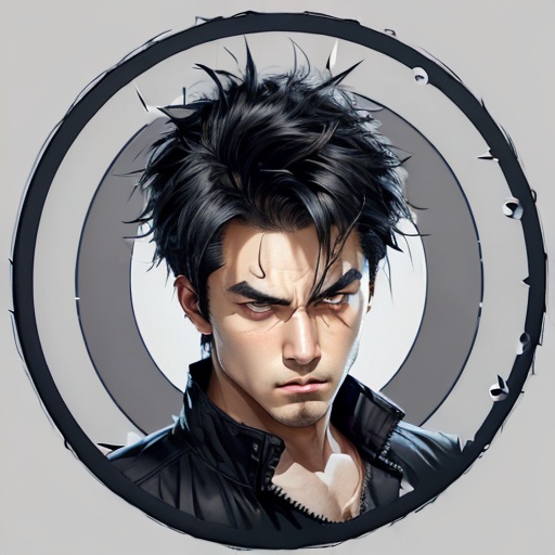 <lora:circle background:1>,(circle background:1.5),1boy,black hair,solo,male focus,looking at viewer,spiked hair,frown,serious,grey eyes,thick eyebrows,
