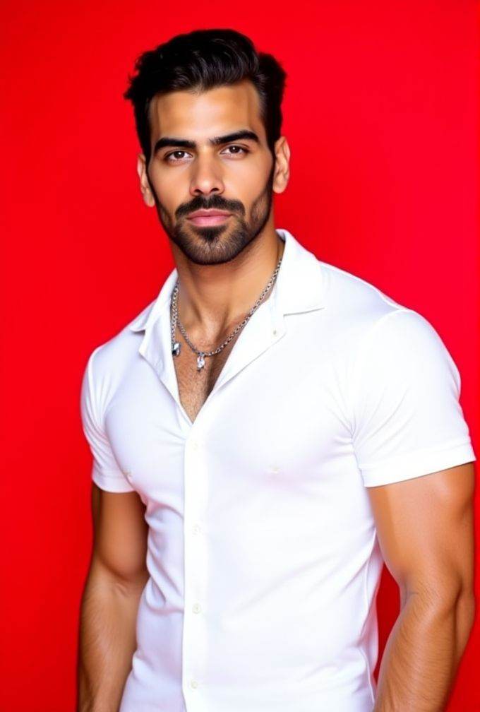 Nyle Dimarco ,  The image is a high-resolution photograph,  standing against a solid red background. wavy hair styled to t...