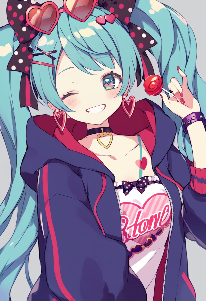 masterpiece, best quality,1girl, hatsune miku,  solo, heart, twintails, one eye closed, bow, lollipop, hair bow, smile, food, hair ornament, candy, jewelry, polka dot bow, 39, long hair, heart-shaped eyewear, glasses, ring, shirt, holding, upper body, jacket, looking at viewer, grin, bracelet, hood, holding food, polka dot, nail polish, black bow, aqua hair, open jacket, aqua eyes, collarbone, open clothes, choker, hairclip, white shirt, wristband, heart hair ornament, bangs, x hair ornament, hooded jacket, simple background, bubble, food-themed earrings, long sleeves, blue jacket, character print, earrings, open mouth, eyewear on head, red nails, sunglasses, very long hair, ;d, hood down, sleeves pushed up, grey background, blush <lora:yumenouchiXLlokr-000049:1>