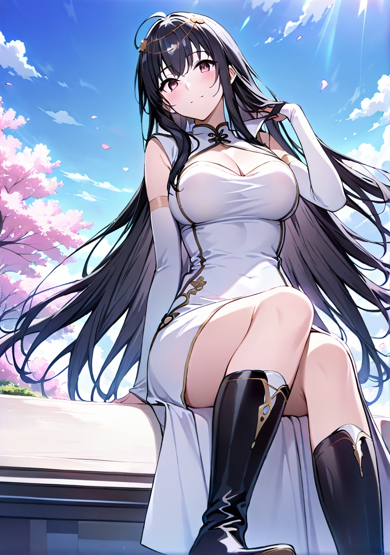 masterpiece,best quality,<lora:鲲吞天下之掌门归来_白涟素_V2:1>,solo,full_body,black hair,boots,side_ahoge,