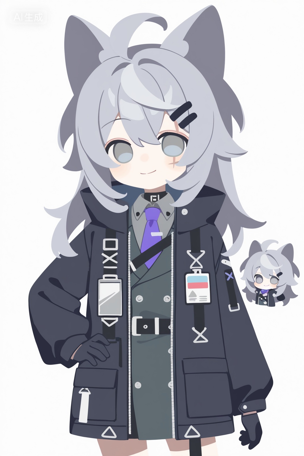 1girl,, solo,, long hair,, looking at viewer,, smile,, bangs,, simple background,, shirt,, hair ornament,, gloves,, long sleeves,, white background,, animal ears,, hair between eyes,, closed mouth,, jacket,, ahoge,, grey hair,, cowboy shot,, necktie,, hairclip,, chibi,, official alternate costume,, coat,, black jacket,, hand on hip,, grey eyes,, scar,, wolf ears,, Negative prompt: ng_deepnegative_v1_75t,(badhandv4:1.2),EasyNegative,(worst quality:2),serrated black border,username,out of focus,bad proportions,cropped,watermark,signature,worstquality,grayscale,logo,text,blurry,low quality,bad anatomy,sketches,lowres,normal quality,monochrome,simple.co,,nsfw, Steps: 44, Sampler: Euler a, CFG scale: 7.0, Seed: 1995394087, Size: 1024x1536, Model hash: fe1361c879, Model: illustrious_v20_1.safetensors, Denoising strength: 0.0, RNG: CPU, Lora 1: Art-维C, Lora Hash 1: ffd1cb65f2, Lora Weight 1: 0.8, vae_name: automatic