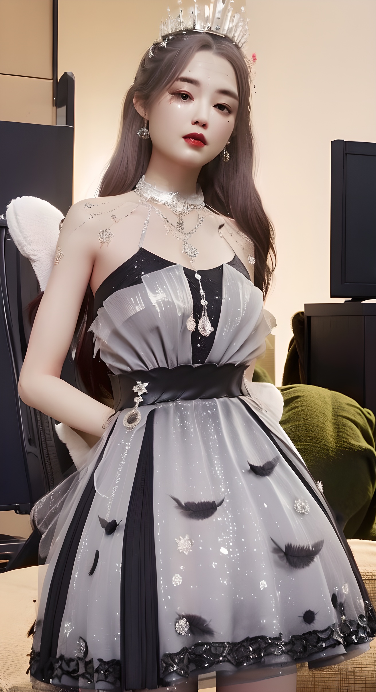 Masterpiece,best quality,ultra high res. Sexy white maid-style dress,delicate face,necklace,with frills and a black lace apron. Flared skirt with petticoat,short sleeves with lace cuffs,low neckline. On a luxurious bed with silk sheets and plush pillows. Intimate setting with dim lighting and lit candles. Professional camera captures the alluring pose of a beautiful woman as she gazes seductively at the viewer,delicate face,<lora:以闪亮之名:0.8>,