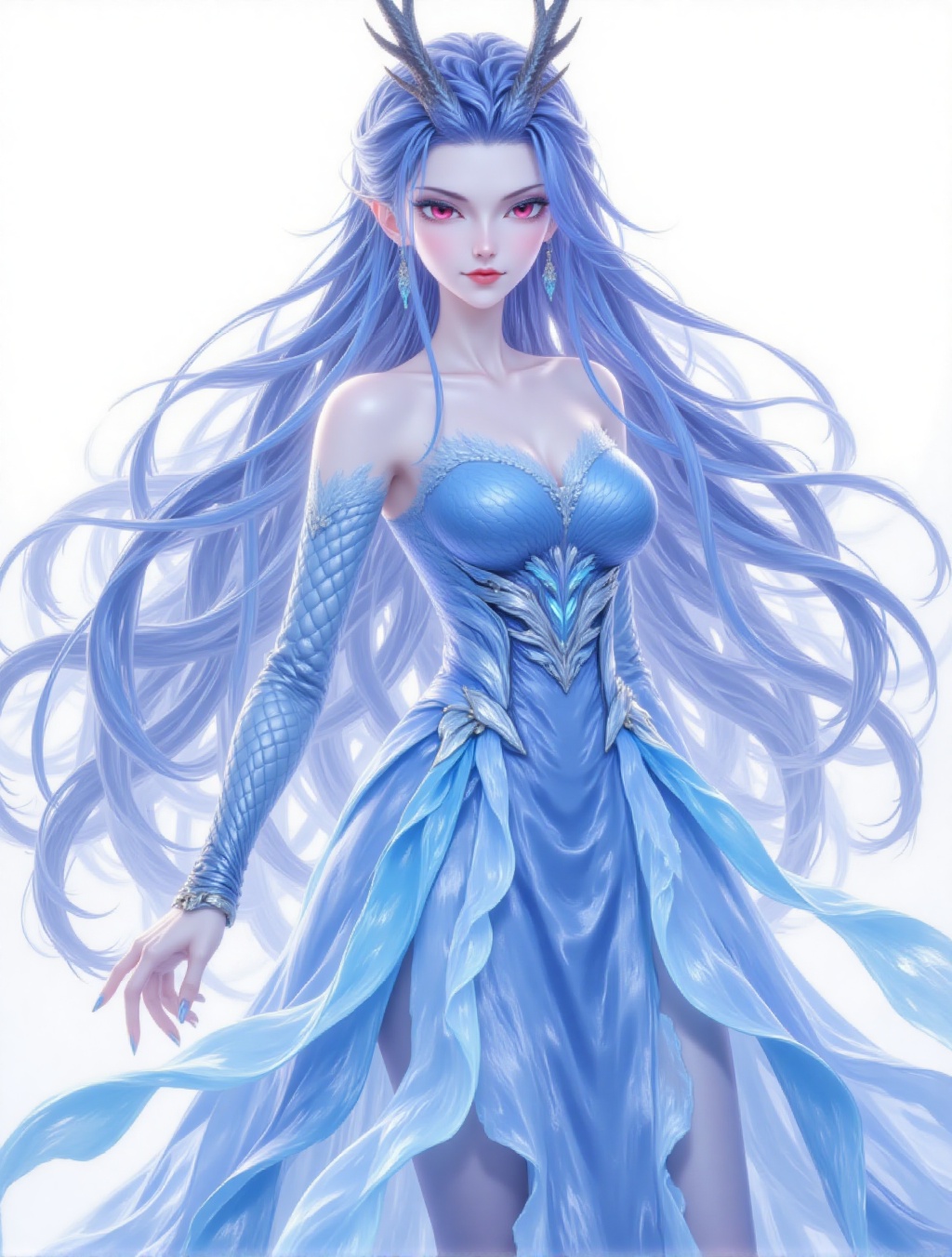 Digital Painting,A woman with long blue hair and a blue dress,