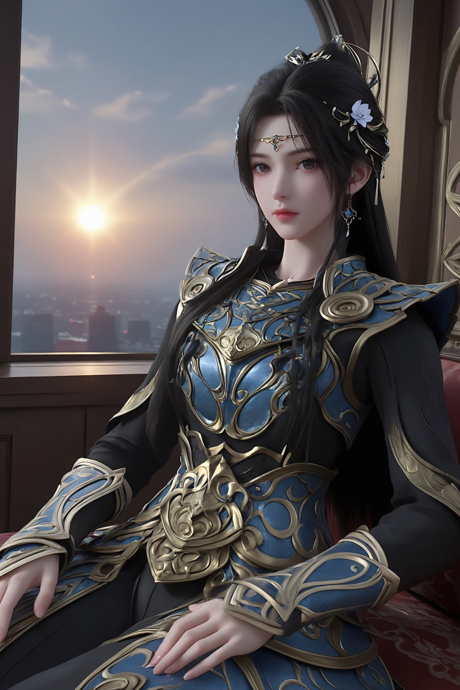 <lora:完美世界-雷帝铠甲清漪Pony-重制:0.7>,1girl,long,flowing black hair,headdress,elaborate,ornate armor,blue and gold,with intricate designs,smooth metal plates,layered fabric,high-collared,long sleeves,1girl,solo,sitting,window,frills,sky,cloud,indoors,cityscape,closed_mouth,sun,looking at viewer,