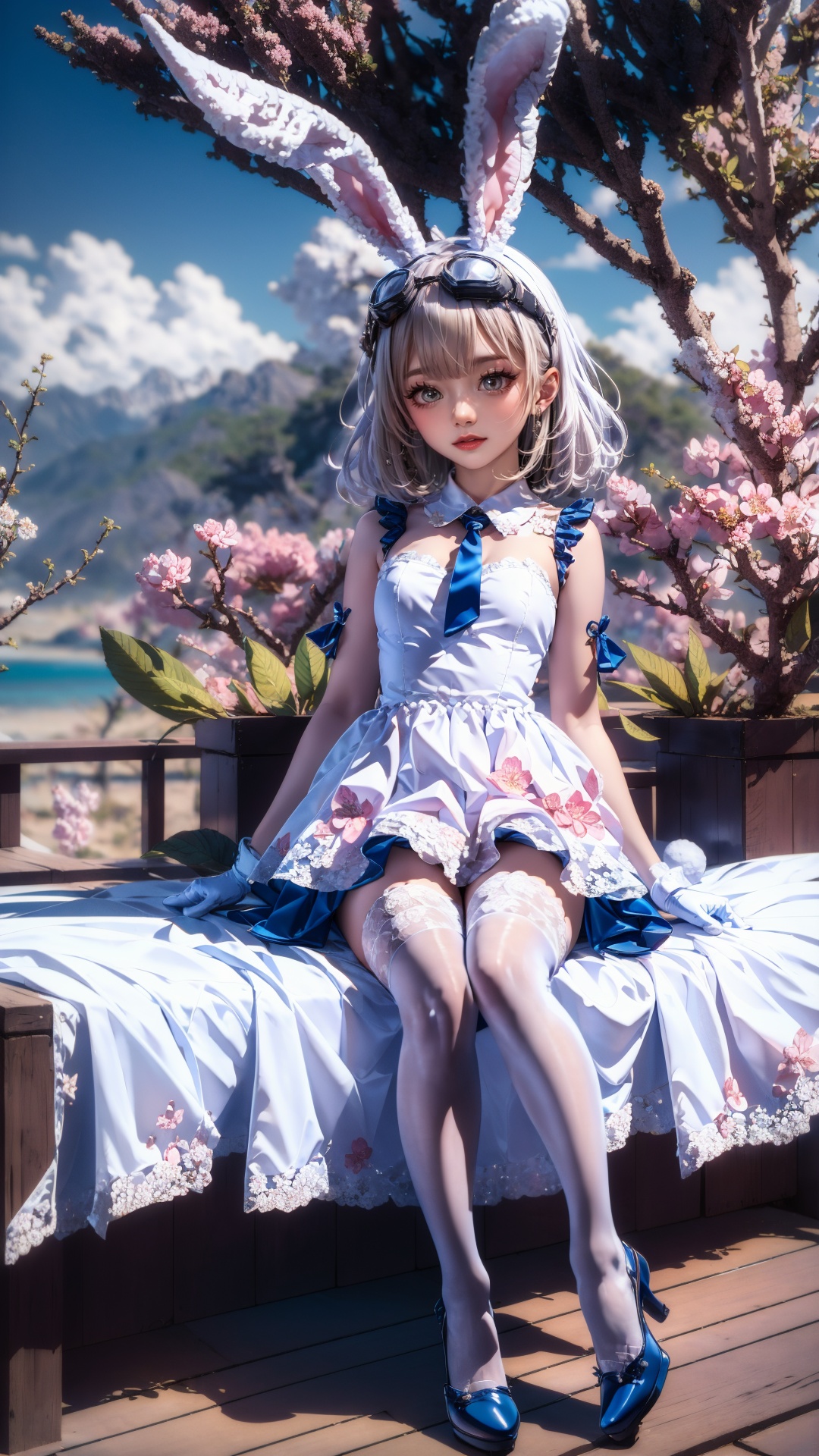 tutututu,1girl,solo,rabbit ears,white dress,white gloves,white thighhighs,blue footwear,goggles on head,sleeveless dress,bangs,blue bow,white hair,short hair,<lora:SY-000010:0.85>,masterpiece,best quality,summer,seaside,fruit,full body,hat,long hair,looking at viewer,red flower,Plum blossoms,red plum blossoms,coconut trees,sitting,solo,sky,sun,mountain,forest,