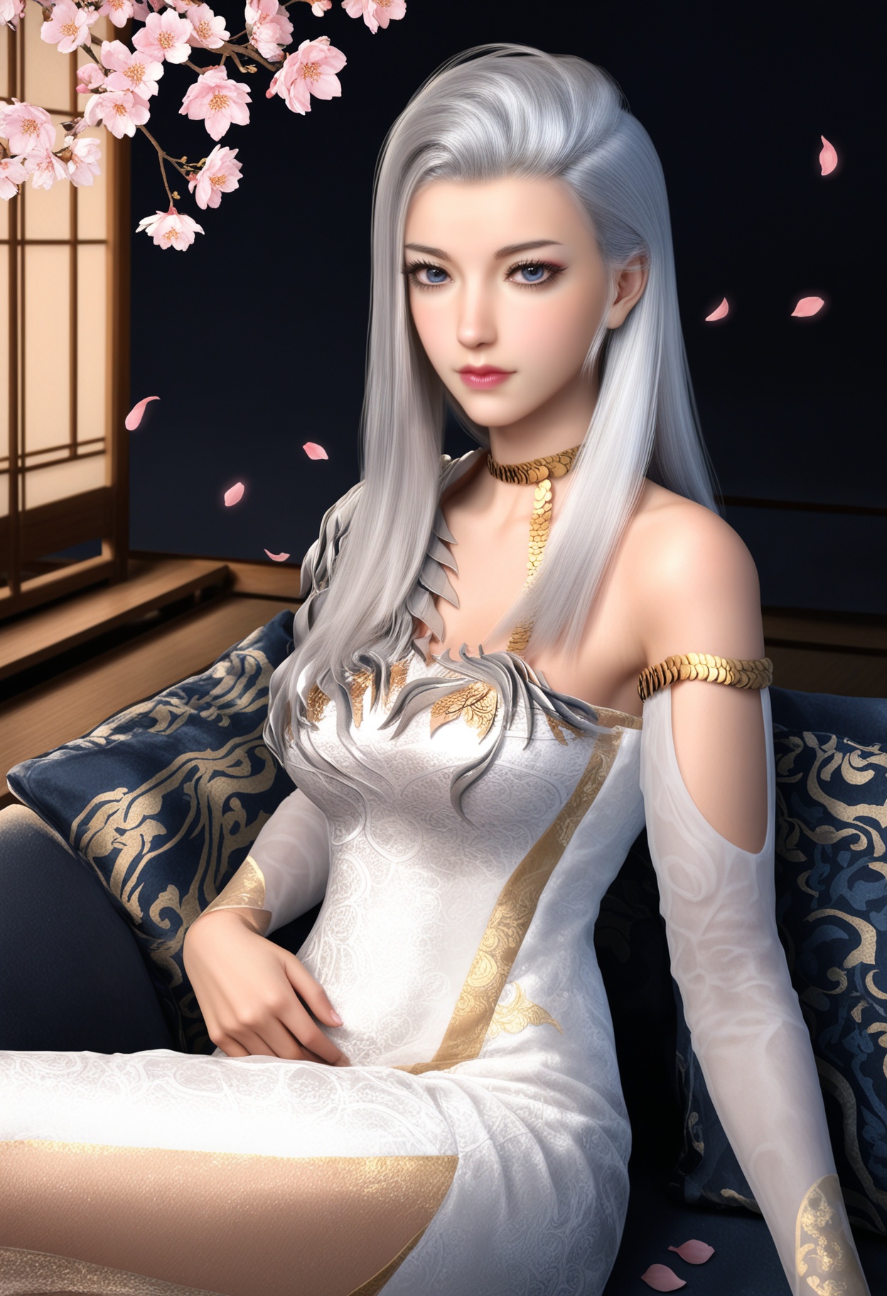 masterpiece,best quality,amazing quality,very aesthetic,high resolution,ultra-detailed,absurdres,scenery,photorealistic,(looking at viewer:1.1),(Dark room:1.3),(moody lighting:1.1),peach blossom,falling petals,(large breasts:0.8),hexi,1girl,solo,long hair,silver hair,realistic,lips,blue eyes,dress,makeup,closed mouth,flower,white dress,jewelry,choker,eyelashes,high heels,sitting BREAK photorealistic details,<lora:QQSillhexiV1:0.8>,