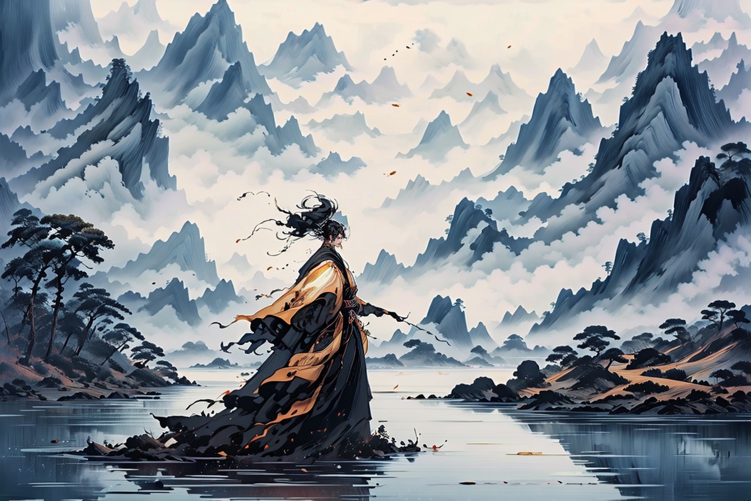 shuimo,<lora:**_v1.0:1>,female general yingzi,red robe gold armor,sword pointing to the sky,dawn battlefield,sunny drops,brave and fearless,mountain and river background,warm tone,horizontal composition,looking up angle,