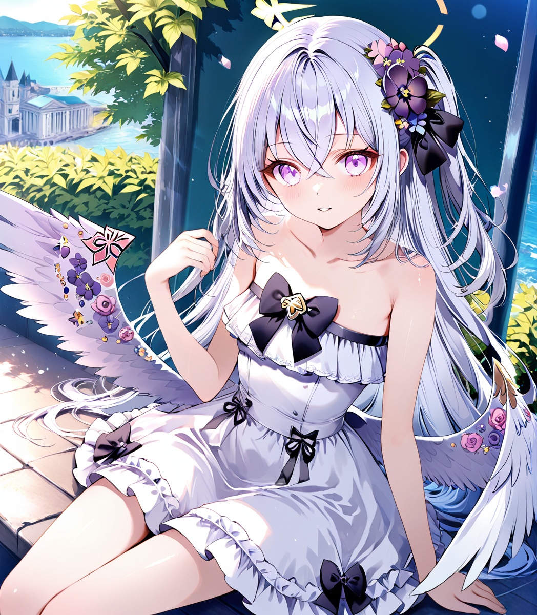 azusa (blue archive),Noyu,Torino,jw,0,1girl, flower, solo, dress, long hair, wings, hair ornament, azusa (blue archive), hair flower, looking at viewer, halo, sitting, smile, white dress, bare shoulders, purple flower, strapless, white hair, bangs, hair between eyes, outdoors, very long hair, strapless dress, purple eyes, crossed bangs, breasts, bow, small breasts, collarbone, parted lips, white wings, day, ribbon,(UHD),anatomically correct,ccurate,textured skin,super detail,high details,award winning,best quality,high quality,retina,16k,HD,1080P,8k,