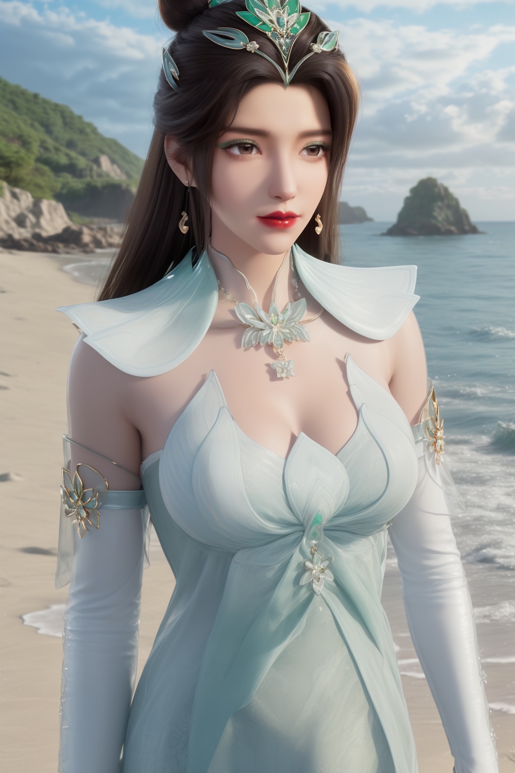 photo_\(medium\),(8k, RAW photo, best_quality),(masterpiece:1.2),(realistic:1.2),(photorealistic:1.3),(ultra-detailed),(extremely_detailed_cg_8k_wallpaper),(crystal_texture_skin:1.3),(shiny:1.2),(shiny_skin:1.4),(extremely_delicate_and_beautiful),shenfengYanRuYu,1girl,solo,detached sleeves,green dress,torogao,bouncing breasts,hair bun,standing,jewelry,hair ornament,earrings,red lips,necklace,realistic,looking at viewer,green theme,summer,beach,sea,sunshine,<lora:shenfengYanRuYu_20240525103110-000005:0.7>,