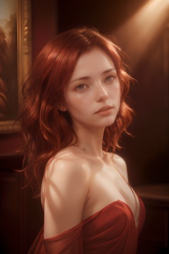 A beautiful sexy womanwoman, (((Wild woman))), Red dress, Dark red hair, (((Ambient lighting))), (Backlight), Classical oil painting, (((Super High Resolution))), Clear picture, High quality, (((A clear human face)))(photorealistic:1.4),