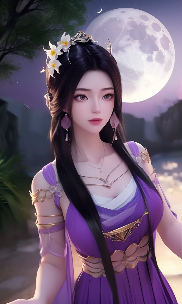 (,1girl, ,best quality, ),looking at viewer, <lora:395-DA-凡人修仙传-紫灵:0.8> ,ultra detailed background,ultra detailed background,ultra realistic 8k cg,, ,masterpiece, (( , )),, ,tamari \(flawless\),  ,   cure blossom, full moon,night,night sky,  (()), (), ,, , jewelry, necklace, solo, , , , hair_ornament, , earrings,large breasts,,  , ,