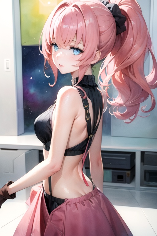 (best quality:1.1), (masterpiece:1.4), , , , , (watercolor illustration, soft pastel colors:1.1), , 1girl, solo, <lora:maria_synduality_noir:0.84>, maria_synduality_noir, pink hair, blue eyes, long hair, ponytail, , cosmic,