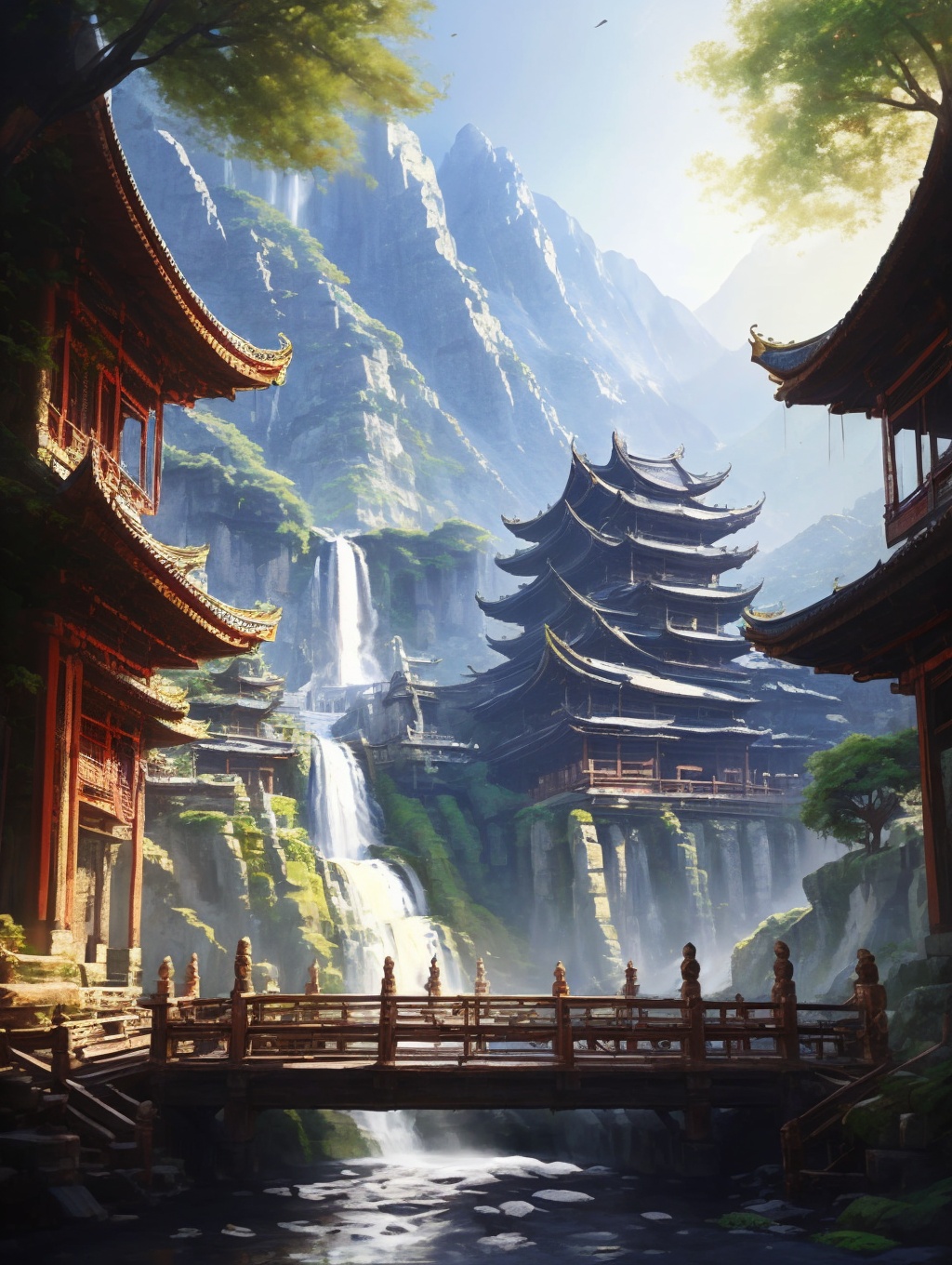 a painting of a mountain landscape with a pagoda and waterfall in the background,with a waterfall in the foreground, ZGGJZ