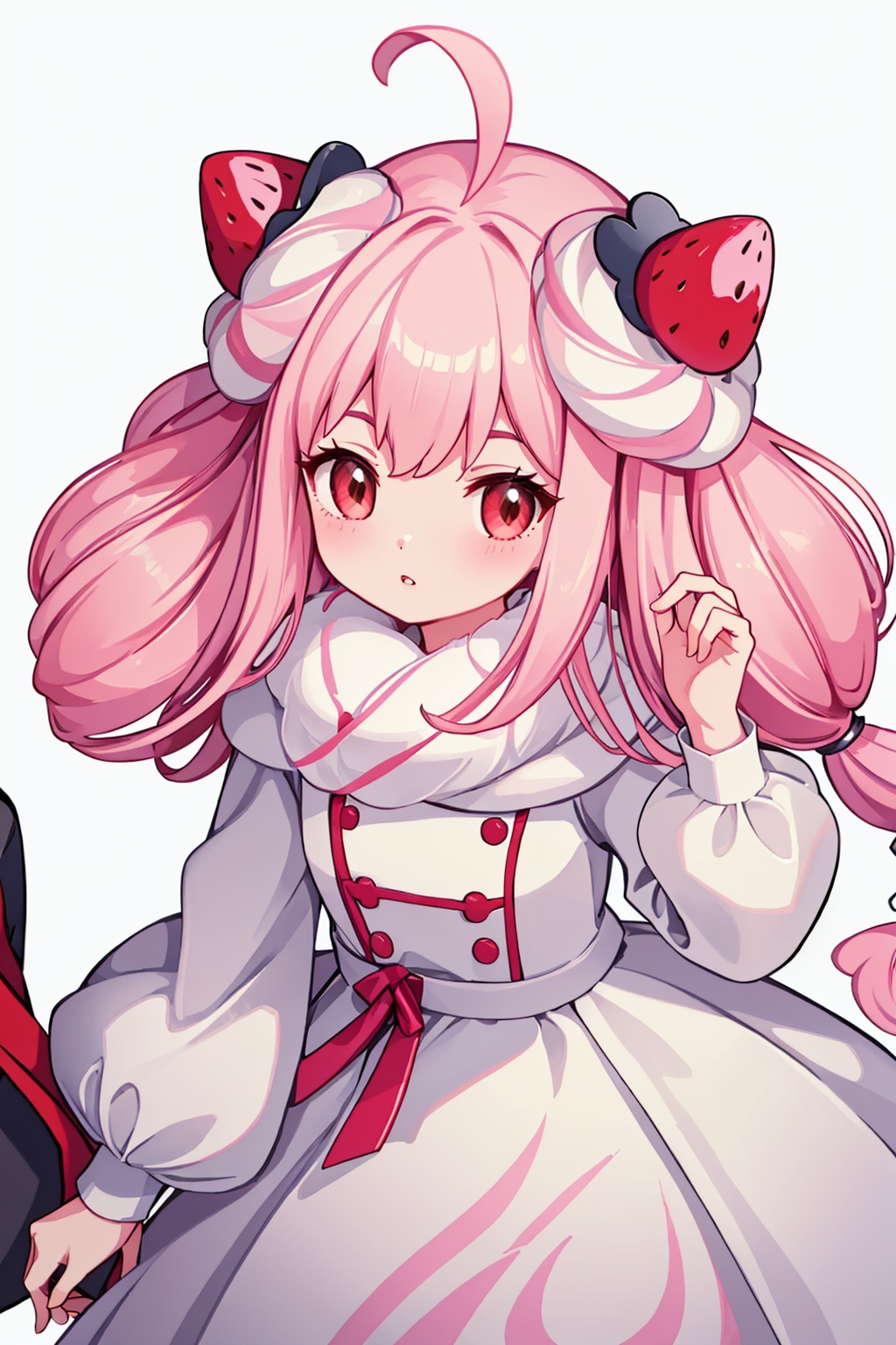 masterpiece,best quality, highly detailed, alcremie,pokemon (creature), 1girl, white background, holding pokemon, strawberry, personification, strawberry hair ornament, white dress, ahoge, simple background, looking at viewer, creature and personification, long sleeves, parted lips,<lora:alcremie:1>
