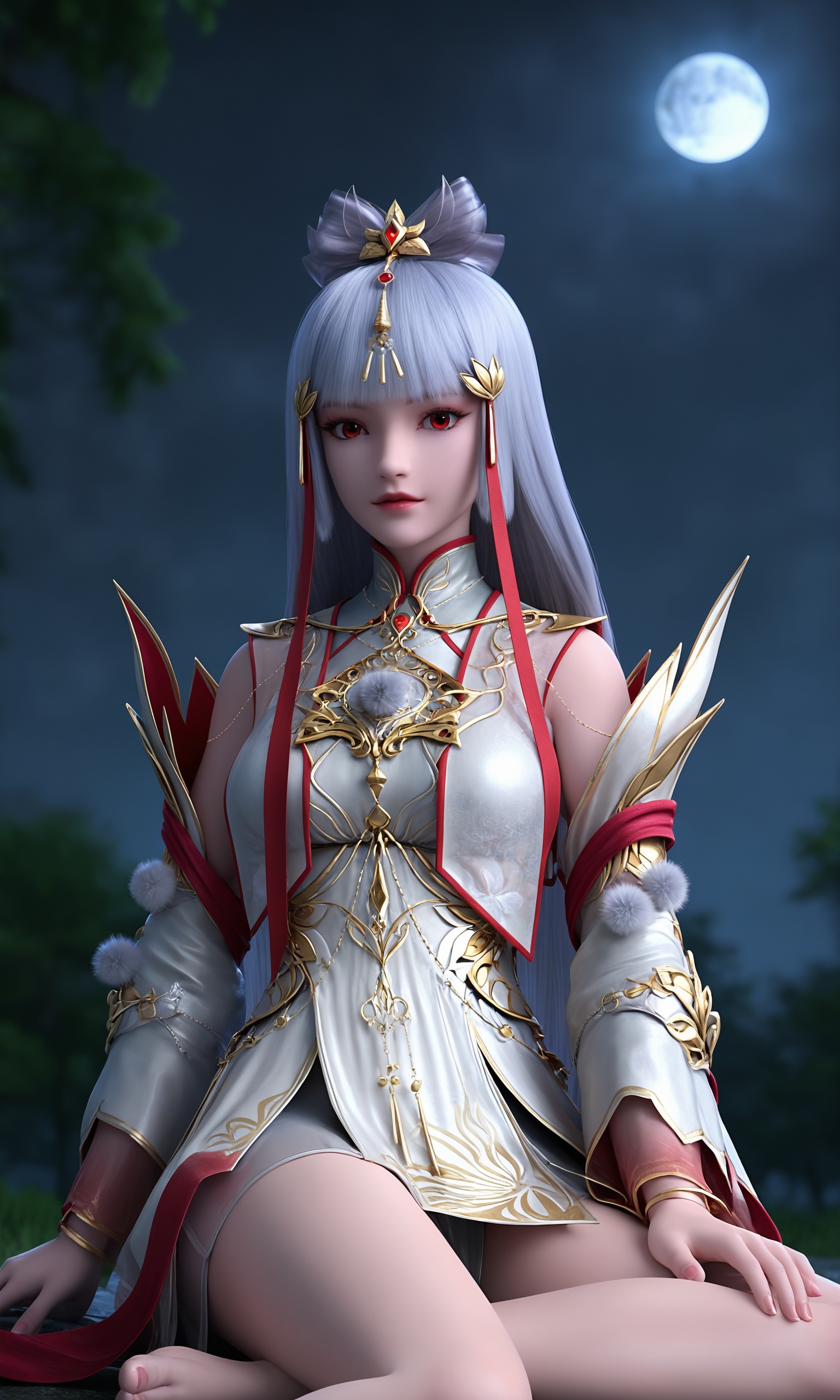 <lora:完美世界-新太阴玉兔Pony:0.8>,1girl,long,straight silver hair,hair ornament,headpiece,bangs,red eyes,intricate gold and red embroidery,sleeveless white gown,high collar,flowing train,gold and red trim,detached sleeves,barefoot,, 1girl,solo,shiny,shiny_hair,upper_body,fair_skin,white_skin,shiny_skin,shiny,Ivory_skin,looking at viewer,cinematic lighting,volumetric lighting,solo focus,blurry background,depth of field,night,sky,night sky,full moon,moonlight,