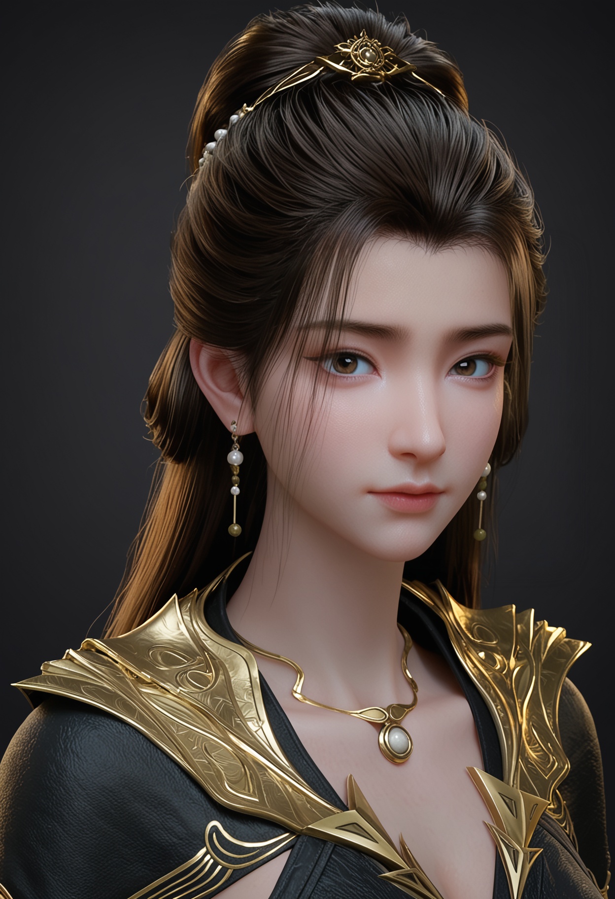 (upper_body:1.2),score_9,score_8_up,masterpiece,(best quality),intricate details,facing viewer,(looking at viewer:1.1),<lora:YQ_pony_yanruyan_V4:0.8>,q1528437228,1girl,solo,black hair,long hair,jewelry,earrings,necklace,black dress,dress,black eyes,long sleeves,hair bun,ponytail,wide sleeves,sash,single hair bun,hair ornament,detached sleeves,brown hair,pale skin,boots,black footwear,BREAKscore_9,score_8_up,masterpiece,(best quality),perfect anatomy,(hourglass),perfect face,(simple background,pure black background,black background:1.1),fair_skin,shiny_skin,Ivory_skin,