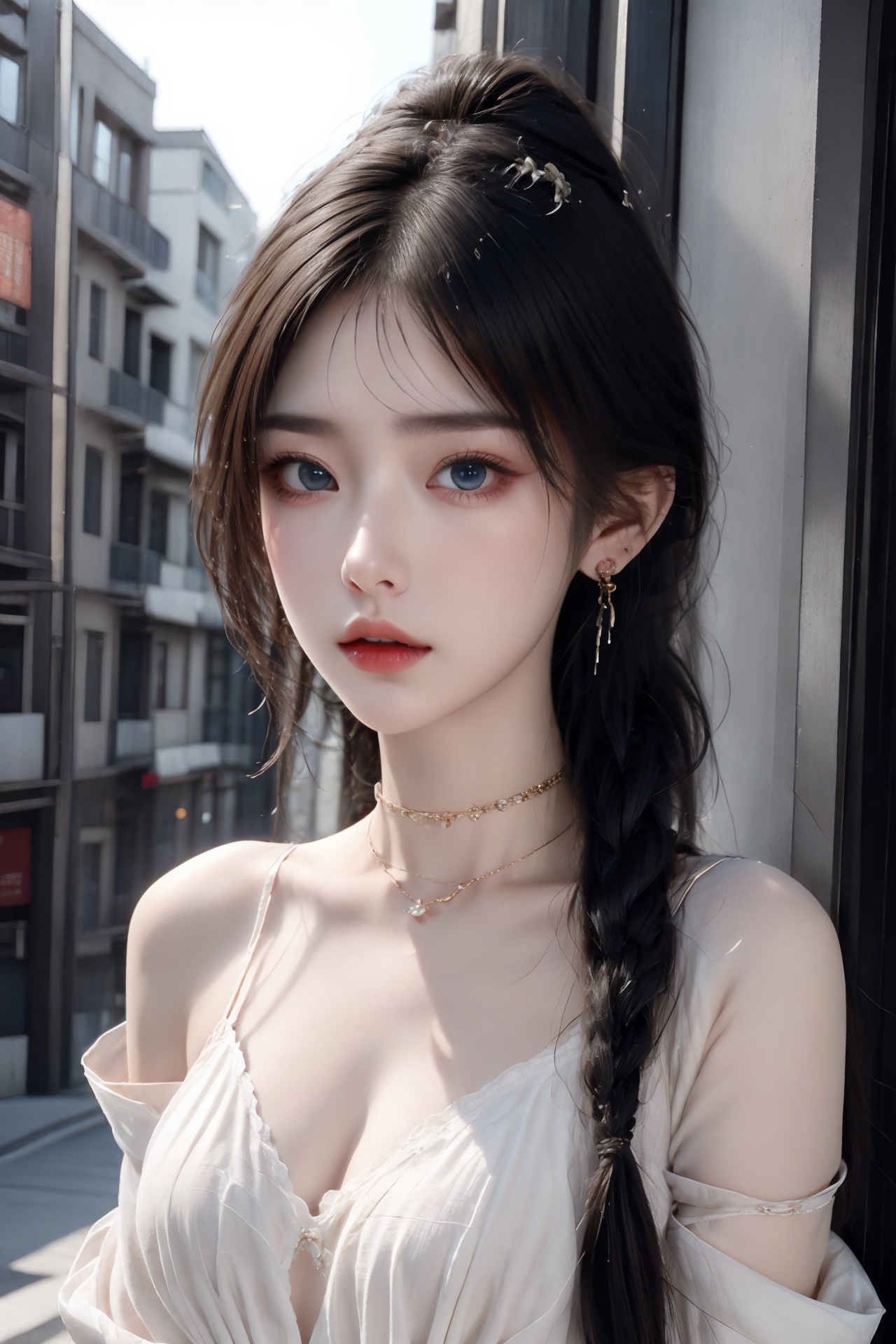 1girl, artist name, bare shoulders, blue eyes, blue hair, blurry, blurry background, braid, breasts, building, choker, cleavage, depth of field, earrings, hair over shoulder, jewelry, long hair, looking at viewer, medium breasts, necklace, off shoulder, outdoors, parted lips, single braid, solo, sunset, upper body  <lora:1:1>