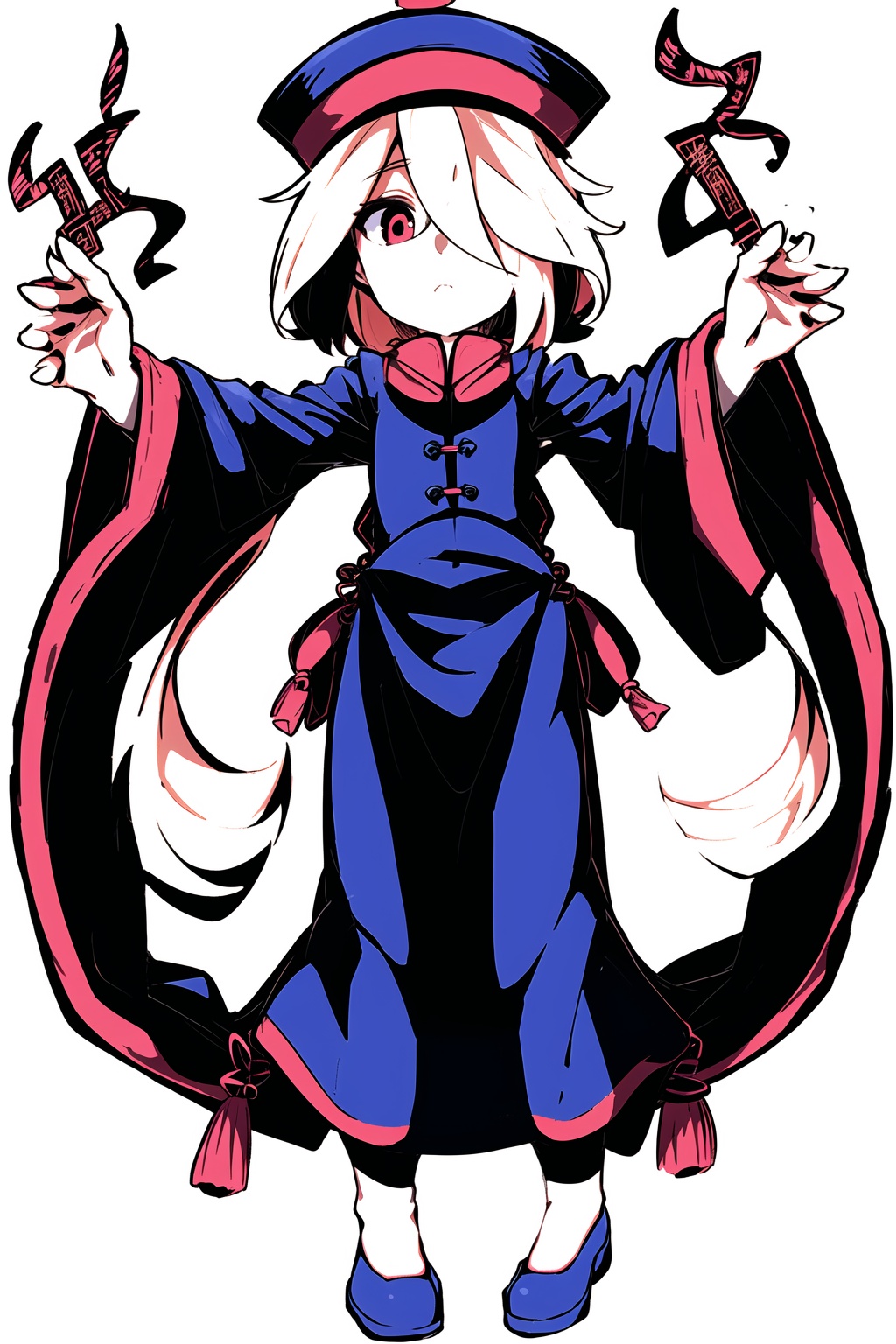 1girl,wsjs,jiangshi,chinese zombie,empty eyes,ofuda,spell,jiangshi costume,look at different places with both eyes,pale skin,the whole body,full body,simple background,charge,