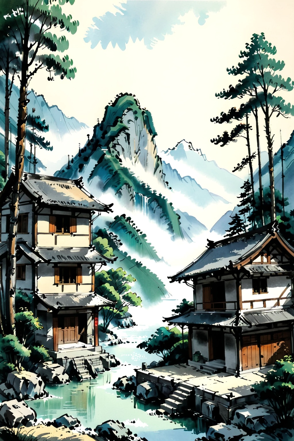 mountains,trees,building,detailed,<lora:IllustrationInk-0010:0.9>,moran,ink painting,