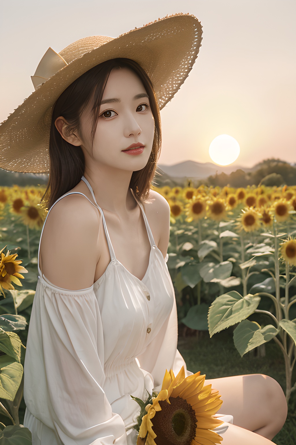 <lora:0805_07:0.7>, <lora:SDXLrender_v2.0:0.8>,a girl with a sun hat, sitting in a field of sunflowers, bathed in the golden glow of sunset, warm hues, peaceful ambiance, natural beauty.korean girl,black hair,, 1girl,realistic,masterpiece, best quality, photorealistic, HDR,detail