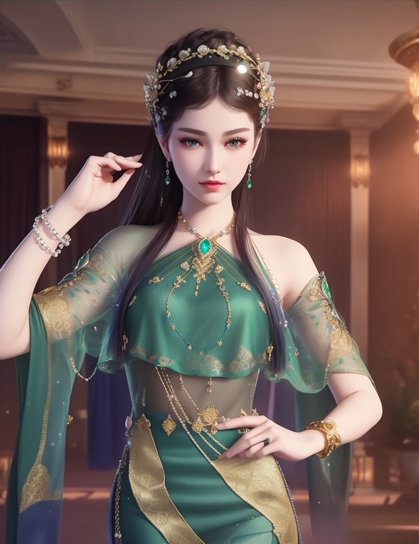 ultra realistic 8k cg, picture-perfect face, flawless, clean, masterpiece, professional artwork, famous artwork, cinematic lighting, cinematic bloom, perfect face, beautiful face, fantasy, dreamlike, unreal, science fiction,  beautiful clothes, lace, lace trim, lace-trimmed legwear,  (rich:1.4), prestige, luxury, jewelry, diamond, gold, pearl, gem, sapphire, ruby, emerald, intricate detail, delicate pattern, charming, alluring, seductive, erotic, enchanting, hair ornament, necklace, earrings, bracelet, armlet,halo((,1girl, pov,))(((,  1girl,  solo,looking at viewer, )))<lora:DA_WhiteSnakeGreenSnake:0.8>