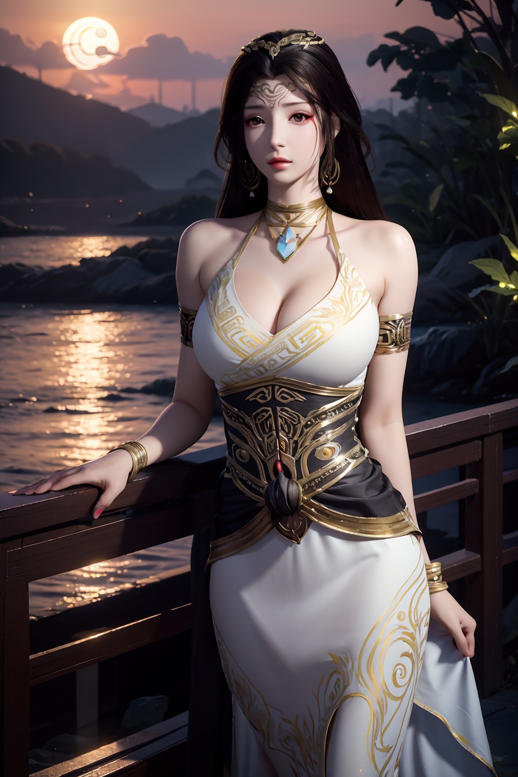 standing,dress,chinese clothes,flower,full_moon,moon,night,lily_pad,lotus,moonlight,water,night_sky,lily_\(flower\),sky,partially_submerged,1girl,solo,hair ornament,realistic,nail polish,photo_\(medium\),(big breasts, cleavage),makeup,(8k, RAW photo, best quality, masterpiece:1.2),(realistic, photorealistic:1.3),ultra-detailed,extremely detailed cg 8k wallpaper,(crystalstexture skin:1.2),extremely delicate and beautiful,(sexy pose:1.2),chinese dress,