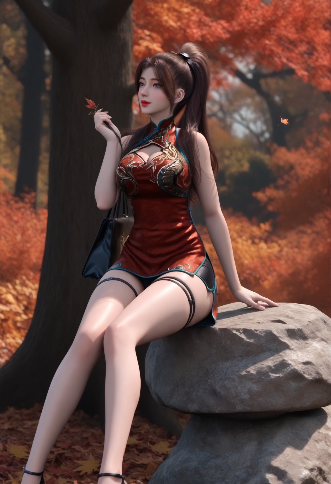 (score_9),<lora:唐紫尘-apony-000009:0.83>,tangzichen,(mature_female:1.1),solo,blue eyes,long hair,brown hair,ponytail,hair tie,china dress,cleavage cutout,thigh strap,(red_china_dress),short_shorts,bare legs,high heels,black thighhighs,<lora:Expressive_H-000001:0.8>,light blush,holding_bag,posing,(stylish_pose),skirt_lift,collarbone,(glamor:1.2),pointy breasts,puffy breasts,<lora:e肤色滑块:0.5>,fair_skin,(pale_skin),<lora:e色温:-0.35>,light skin,ultra-detailed skin texture,detailed textures,<lora:皮肤凹痕:1.2>,BREAKin autumn,grove,(maple_tree),(maple_leaf),leaf,autumn leaves,falling leaves,branch,twig,Tyndall effect,available light,depth of field,rock,4K ultra HD,sharp focus,high detail,natural lighting,high contrast,