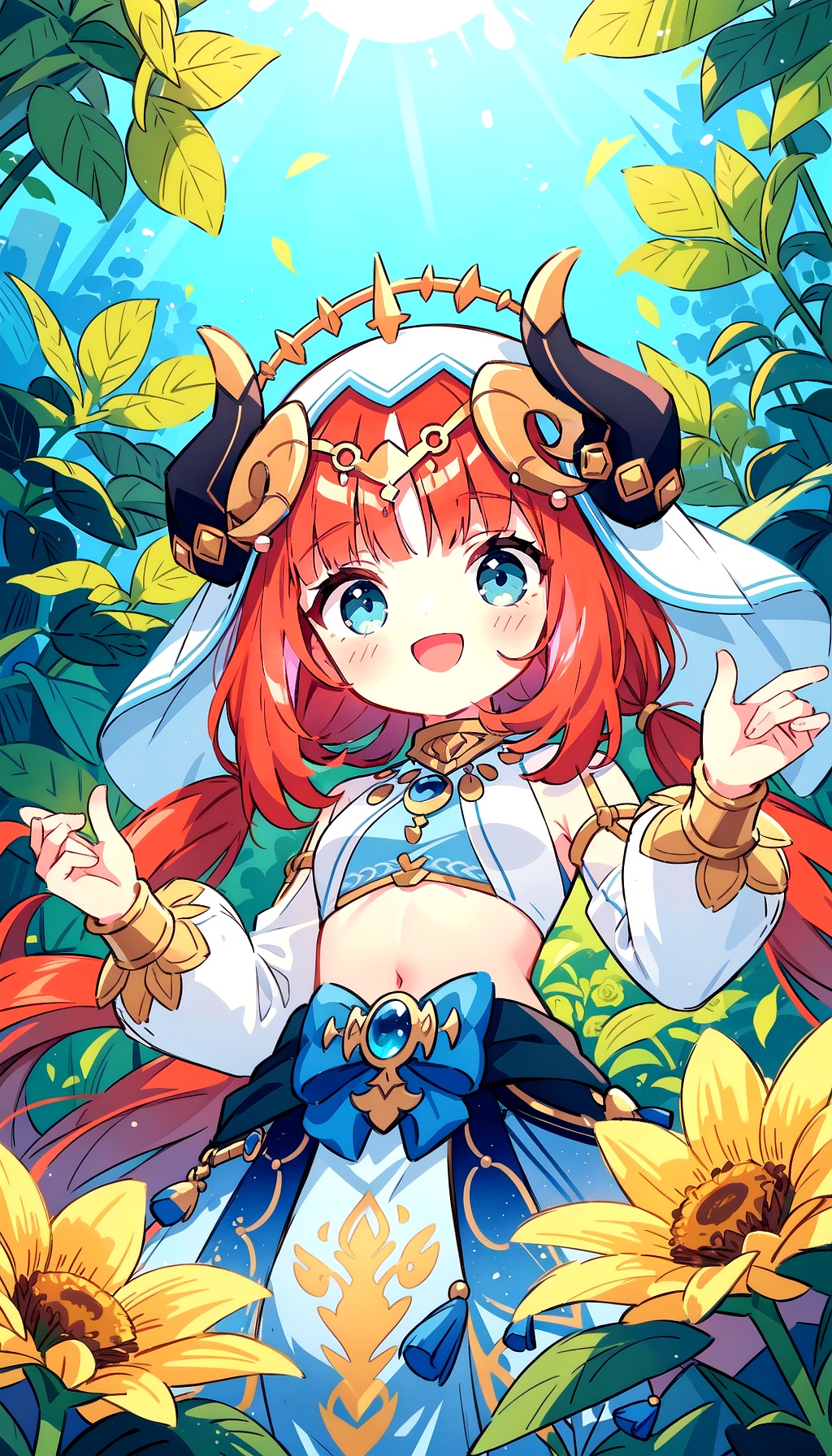 (masterpiece, best quality, ultra-detailed, highres),perfect face,sidelighting,lustrous skin,(bloom),(shine),lighting,ray tracing,outdoor,depth_of_field,very detailed background,highly detailed background,Masterpiece,Ultra detailed,great composition,Dynamic angle,[Bottle bottom],(wide shot),extremely delicate and beautiful,(Highest picture quality),(Master's work),(Detailed eyes description),(Detailed face description),(fantasy),depth of field,solo,Beautiful girl,extreme light and shadow,masterpiece,rich in detail,(fine features),(highest quality),(masterpiece),(beautiful) detailed girl,(straight-on),full body,(extremely detailed CG unity 8k wallpaper),(masterpiece),(best quality),(ultra-detailed),(best illustration),Volumetric Lighting,Best Shadows,Shallow,(masterpiece, best quality, ultra-detailed, highres),sidelighting,(bloom),(shine),lighting,ray tracing,hands up,looking at viewer,upper body,<lora:nilou:1>,1girl,:d,(from below:1.2) dutch angle dynamic pose,dancing,moving rapidly,beautiful,elegant,nilou (neither flower nor mist) (genshin impact),aqua eyes,fake horns,red hair,long hair,crop top,jewelry,horns,veil,bracer,brooch,long sleeves,puffy long sleeves,skirt,bangs,twintails,puffy sleeves,neck ring,gold trim,parted bangs,circlet,blue skirt,hair ornament,detached sleeves,low twintails,floating hair,gem,blue gemstone,dancer,white headwear,midriff,very long hair,around the garden,flowers,butterflies,sunlight,sunflowers,lilies,roses,nature,petals,lens flare,((extremely glossy)),((glossy skin)),((soft reflective skin)),((reflections)),wide shot,
