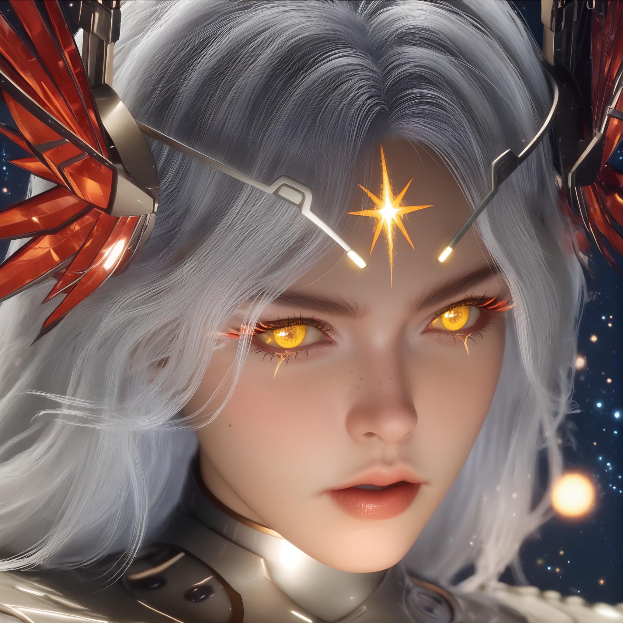 (score_9),portrait,(close-up),solo focus,(eye focus),<lora:星幻王-apony:0.83>,mechanical angel,xinghuanwang,1girl,solo,joints,ringed eyes,long eyelashes,freckles,hair ornament,long hair,white hair,glowing markings,glowing eyes,yellow eyes,Metallic horn-like ornament,blending feathers and mechanical parts,power armor,shoulder armor,wings,feathered wings,red wings,large_wings,mature_female,BREAK<lora:Expressive_H-000001:0.78>,light blush,Expressiveh,ringed eyes,looking at viewer,front view,fair_skin,(pale skin),(sweaty_skin),BREAKsimple background,<lora:e色温:0.25>,sparkle,blurry background,star \(symbol\),starry sky,star \(sky\),universe,hyper_galaxy,4K ultra HD,sharp focus,high detail,high contrast,