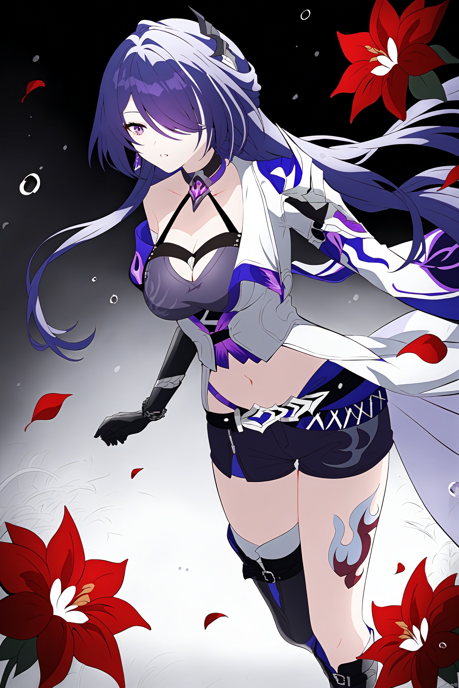 ((best quality)),((masterpiece)),((ultra-detailed)),(illustration),(detailed light),(an extremely delicate and beautiful),Cinematic footage,Epic graphics,\\\\\\\\\\1girl ,fighting,Fighting girl, detailed eyes, holding taichi, flying blood droplets, but all, dim background, Equinox flower, Equinox flower field, black and white environment, red flowers,\\\\\\\////////////////////////// hquan,def clothe,1girl,long hair,purple eyes,shorts,purple hair,hair over one eye,breasts,boots,black gloves,cleavage,raiden mei,navel,tattoo<lora:EMS-313056-EMS:0.800000>, <lora:EMS-36433-EMS:0.300000>