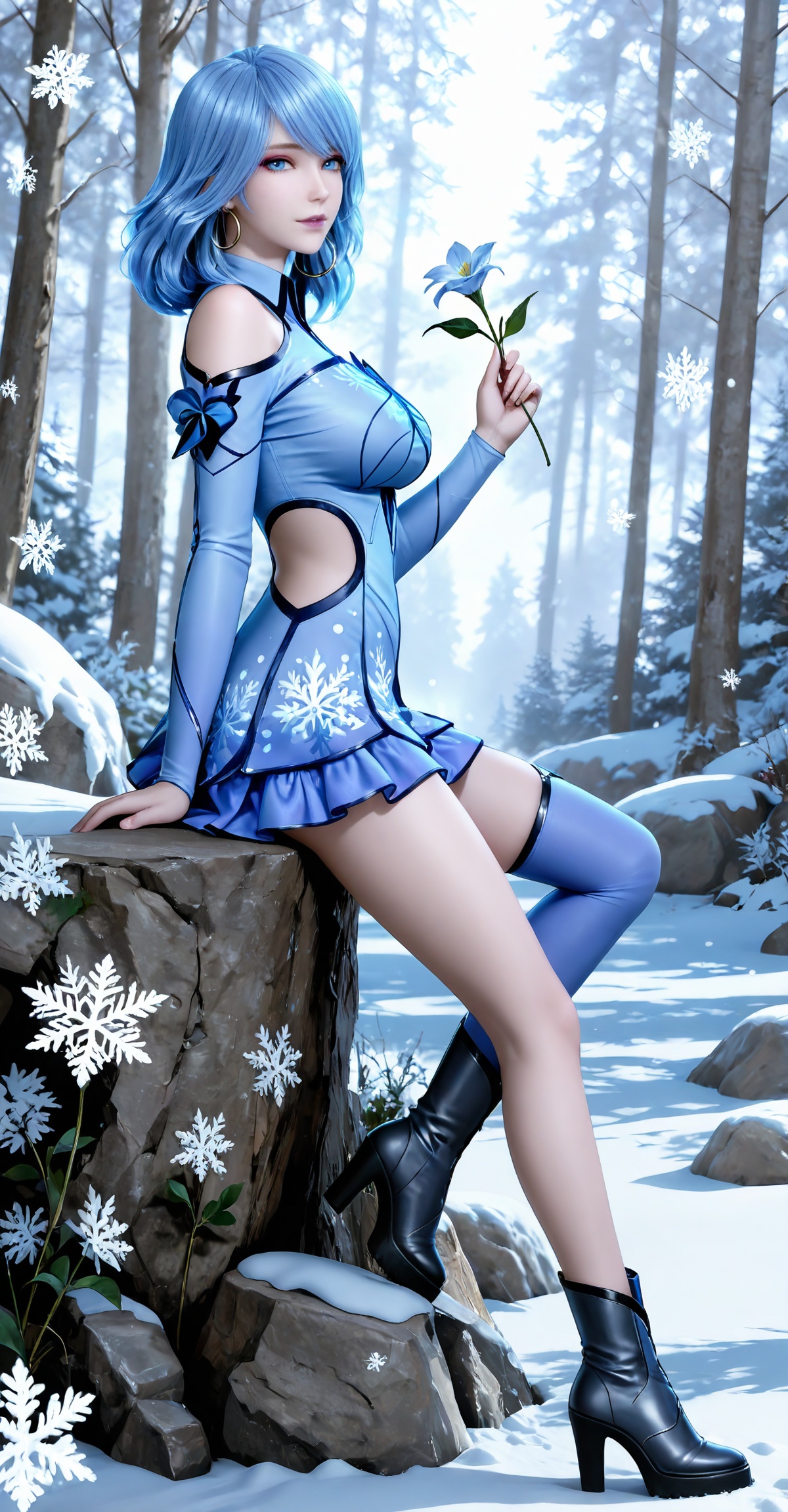 masterpiece,high quality,tall,game cg,highres,(soft light:1.2),white_skin,(shiny_skin:0.6),(realistic:1.1),<lora:水冰儿ILL:0.8>,shuibinger,blue hair,blue eyes,longeyelashes,makeup,medium hair,looking at viewer,long sleeves,nature,flowers,holding flower,day,from side,1girl,solo,dress,large breasts,earrings,legs,jewelry,long hair,long legs,looking at viewer,hoop earrings,(collared_dress:1.1),layered dress,bare shoulders,frills,short dress,boots,knee boots,high_heel_boots,full body,sitting,one leg up,print_dress,blue dress,blue stockings,single thighhigh,winter,sonw,snow,ice,snowflakes,